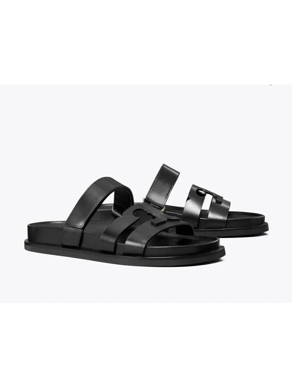 Size 7.5 - Tory Burch Ines Black Leather Logo Slide Sandals